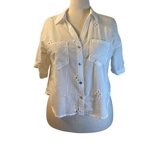 Passport Women White Eyelet Cotton Button Down Shirt XL Cropped Short Sleeve Top